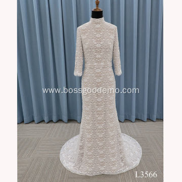 Customized simple style satin embroidery long train white mermaid style wedding dress gown bridal